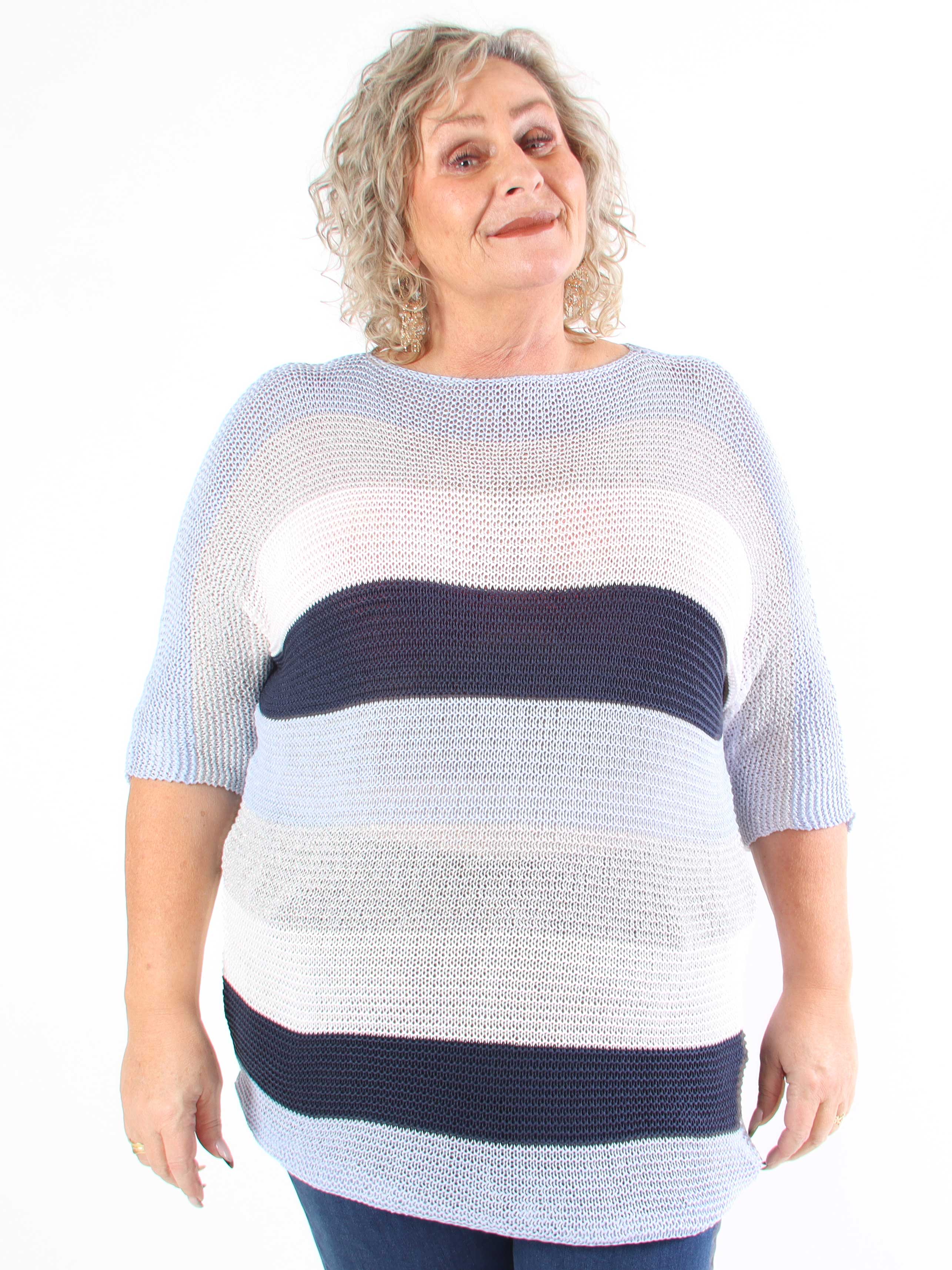 Nina Long - Stribet plus size strikkjole med glittertråde